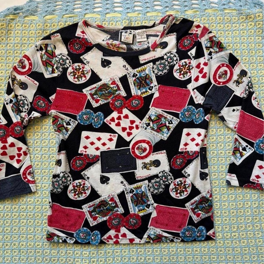 Take Two Clothing Co 90s Poker Cards Sequin Beaded 3/4 Sleeve Top Small